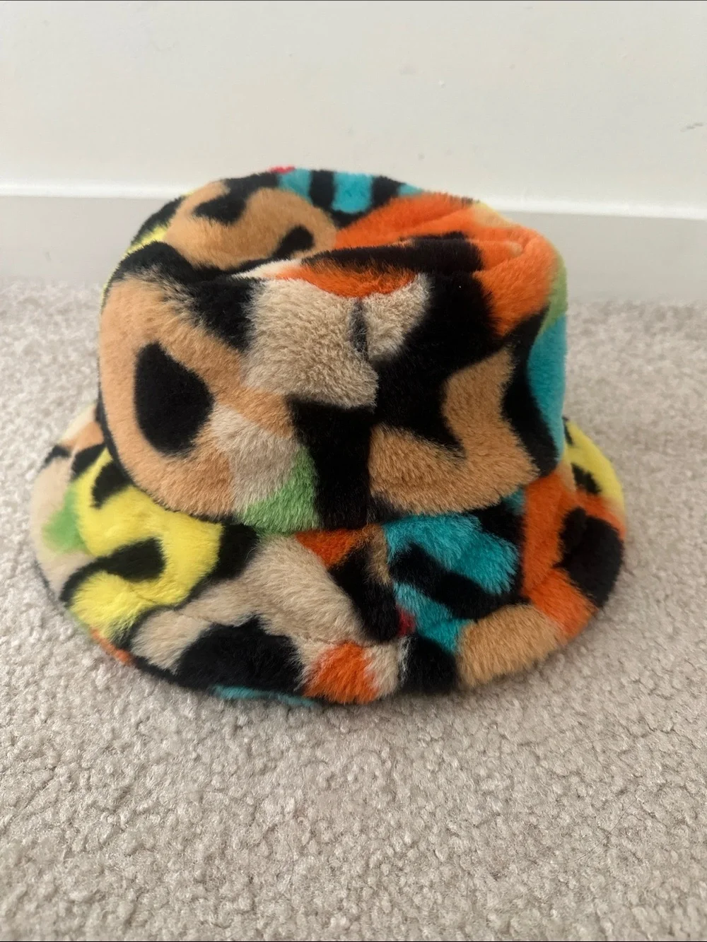 Faux Fur Multicolor Bucket Hat - Vibrant Rainbow Print